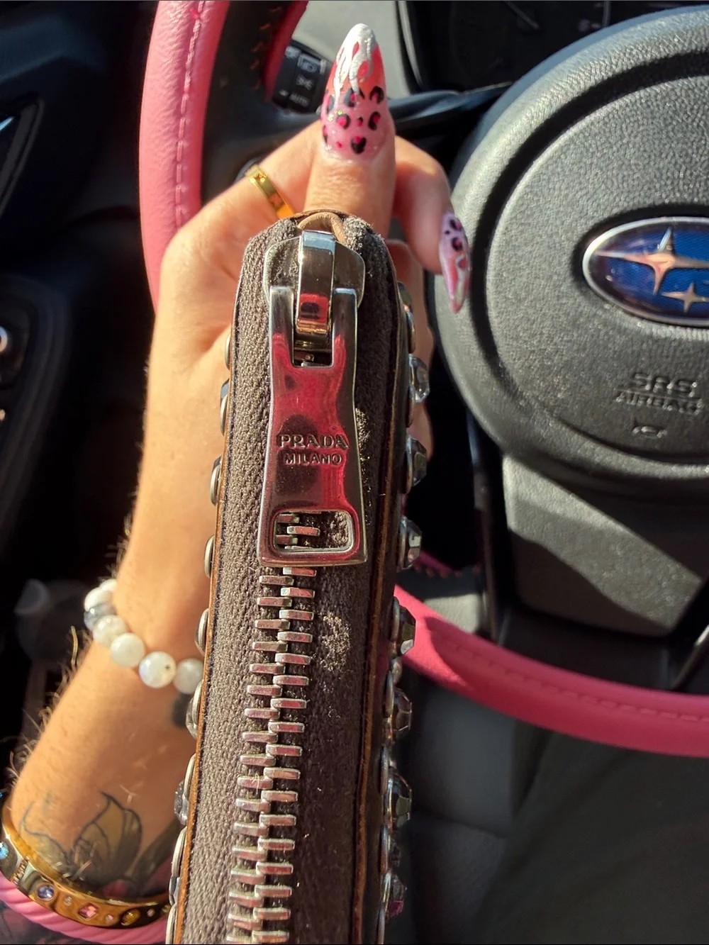 Prada Brown Leather Studded Zip Around Wallet with Silver Hardware